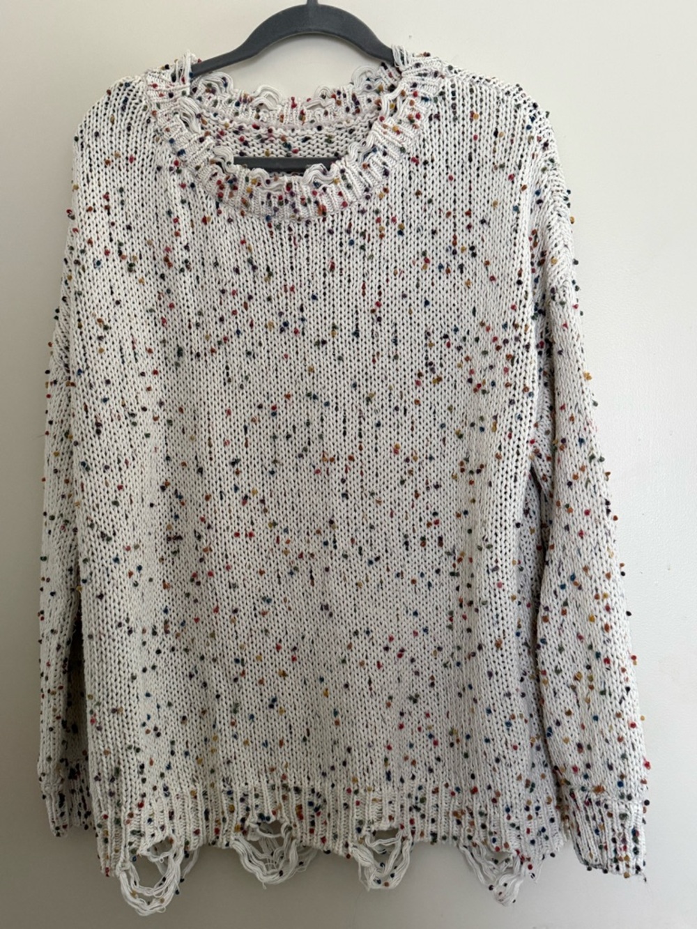 White Multicolor Speckled Distressed Knit Sweater
